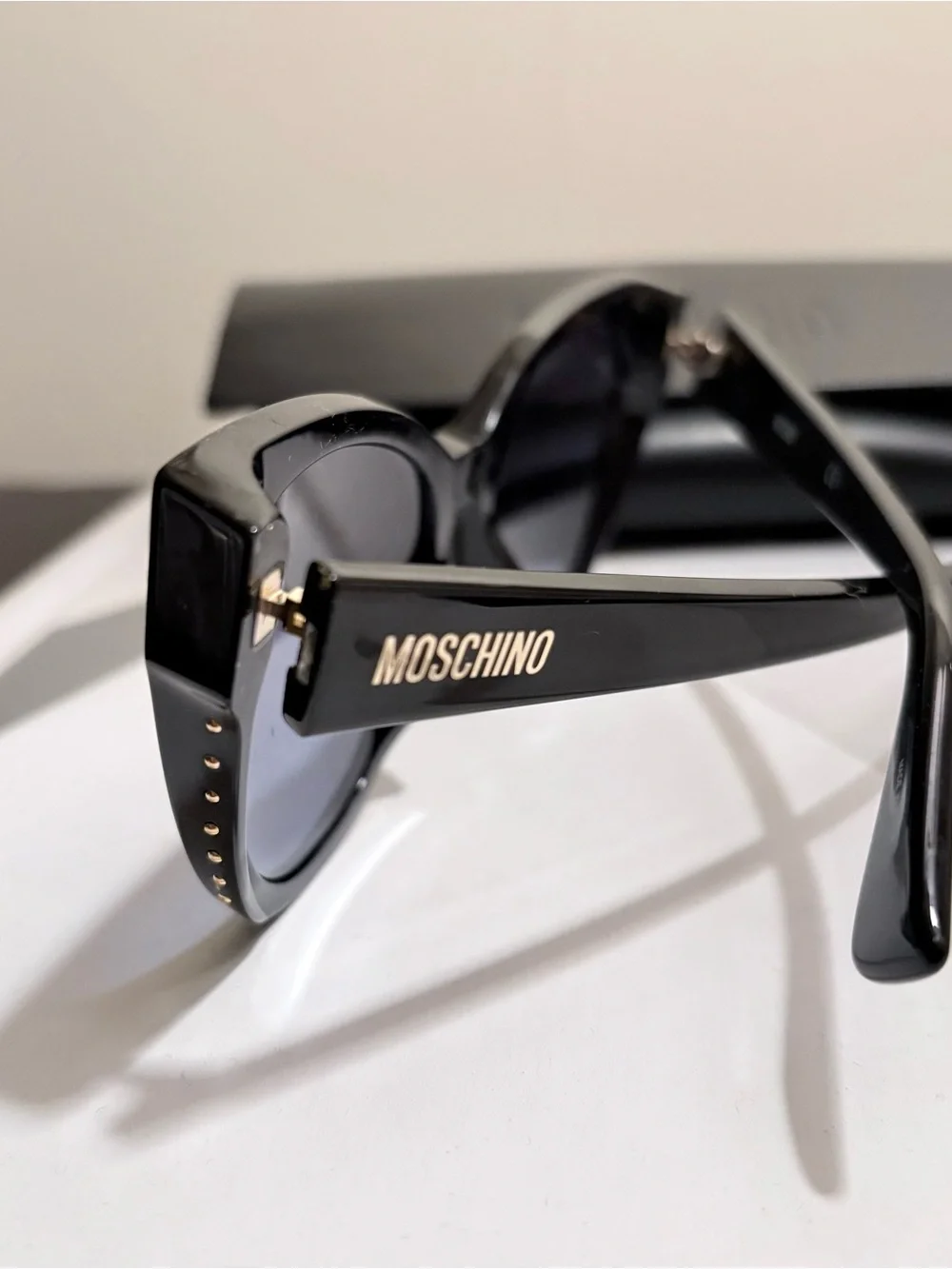 NWT Moschino 54mm Cat Eye Sunglasses w/ Black Frames embellished w/ Golden Studs